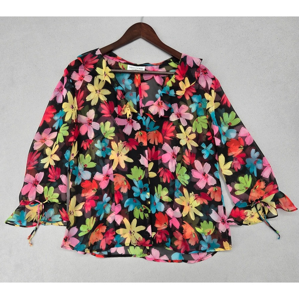 Miss Dorby Women L-XL Vintage 90s Floral Sheer Ruffle Blouse Boho Romantic Top